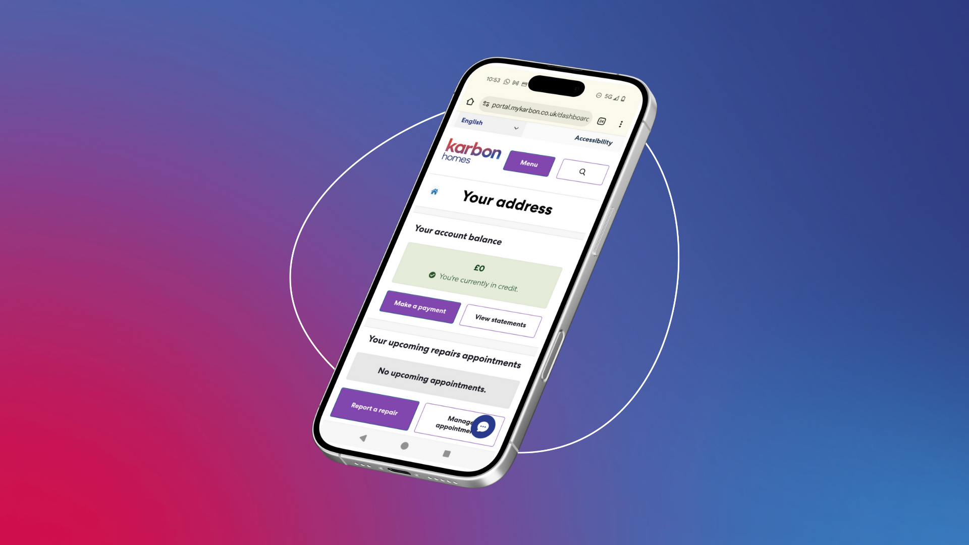 A picture of a mobile phone with MyKarbon account logged in